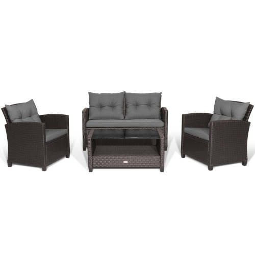 Gymax Set Of 4 Patio Rattan Furniture Set Glass Table Shelf Sofa Cushion Grey