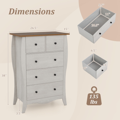 Gymax 38'' Farmhouse Chest of Drawers w/ 5 Folding Fabric Drawers & Anti-tipping Kit