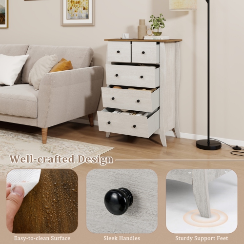 Gymax 38'' Farmhouse Chest of Drawers w/ 5 Folding Fabric Drawers & Anti-tipping Kit