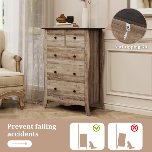 Gymax 38'' Farmhouse Chest of Drawers w/ 5 Folding Fabric Drawers & Anti-tipping Kit