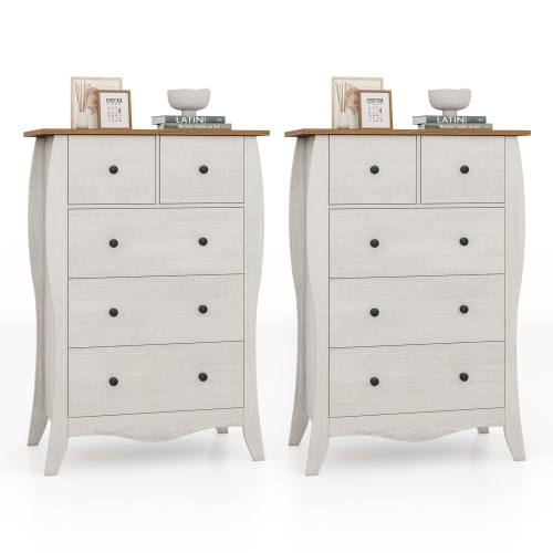 Gymax 2PCS 38'' Farmhouse Chest of Drawers w/ 5 Folding Fabric Drawers & Anti-tipping Kit