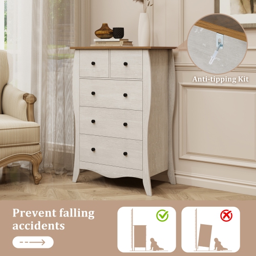 Gymax 2PCS 38'' Farmhouse Chest of Drawers w/ 5 Folding Fabric Drawers & Anti-tipping Kit