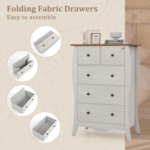 Gymax 2PCS 38'' Farmhouse Chest of Drawers w/ 5 Folding Fabric Drawers & Anti-tipping Kit