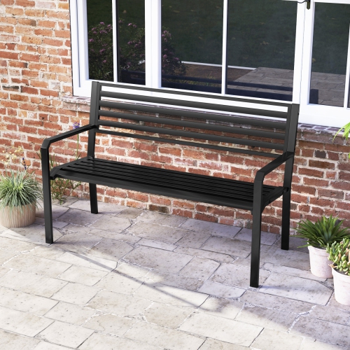 Gymax 50'' Outdoor Metal Park Bench for 2-3 People w/ Armrests & Backrest for Backyard