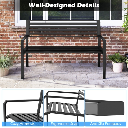 Gymax 50'' Outdoor Metal Park Bench for 2-3 People w/ Armrests & Backrest for Backyard