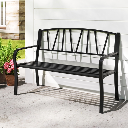GYMAX  50.5" Patio Metal Bench W/ Curved Armrests & Minimalist Backrest for Backyard
