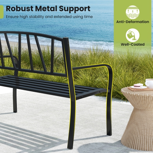 Gymax 50.5'' Patio Metal Bench w/ Curved Armrests & Minimalist Backrest for Backyard