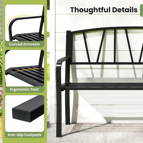 Gymax 50.5'' Patio Metal Bench w/ Curved Armrests & Minimalist Backrest for Backyard