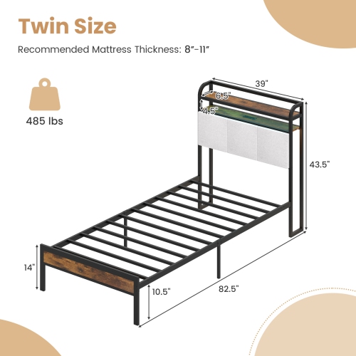 Gymax Twin Size Bed Frame w/LED Light & Charging Station Heavy Duty Metal Platform Bed