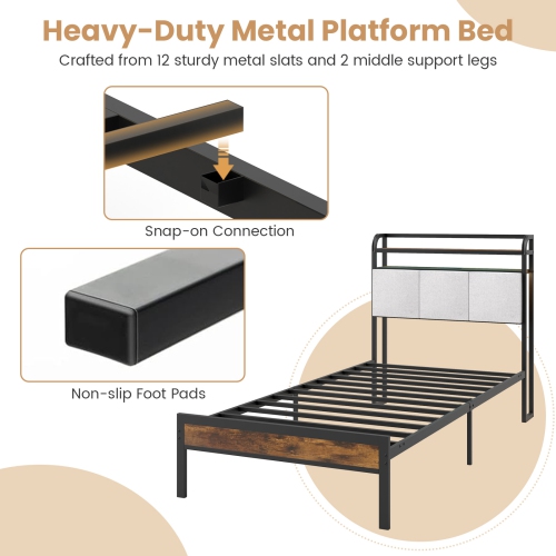 Gymax Twin Size Bed Frame w/LED Light & Charging Station Heavy Duty Metal Platform Bed