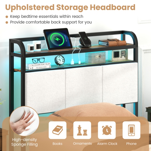 Gymax Twin Size Bed Frame w/LED Light & Charging Station Heavy Duty Metal Platform Bed