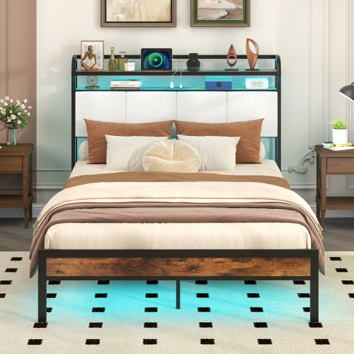 Gymax Full Size Bed Frame w/LED Light & Charging Station Heavy Duty Metal Platform Bed