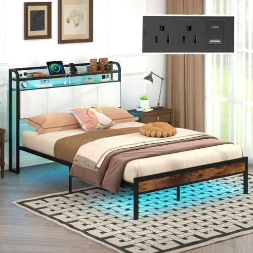 Gymax Full Size Bed Frame w/LED Light & Charging Station Heavy Duty Metal Platform Bed