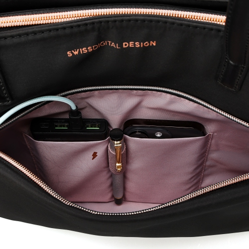 Swissdigital KATY Rose Tote Bag – 16" Laptop, USB Charging, LED Light, RFID Protection, Water-Repellent, Multi-Pockets