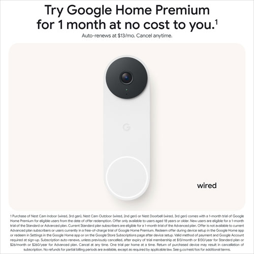 Google Nest Wi-Fi Video Doorbell (3rd Gen) with Gemini - Snow
