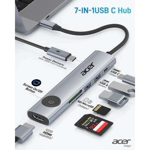 Acer USB C Hub 7-in-1 with 4K HDMI, 100W PD, USB 3.0 Ports, SD Card Reader for MacBook, Surface, XPS