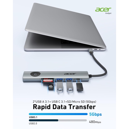 Acer USB C Hub 7-in-1 with 4K HDMI, 100W PD, USB 3.0 Ports, SD Card Reader for MacBook, Surface, XPS