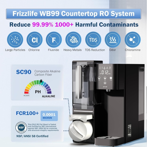 Frizzlife Countertop Reverse Osmosis System - WB99 Alkaline RO Water Filter with Portable Water Pitcher, NSF/ANSI 58 Certified Elements, 3.5:1 Pure