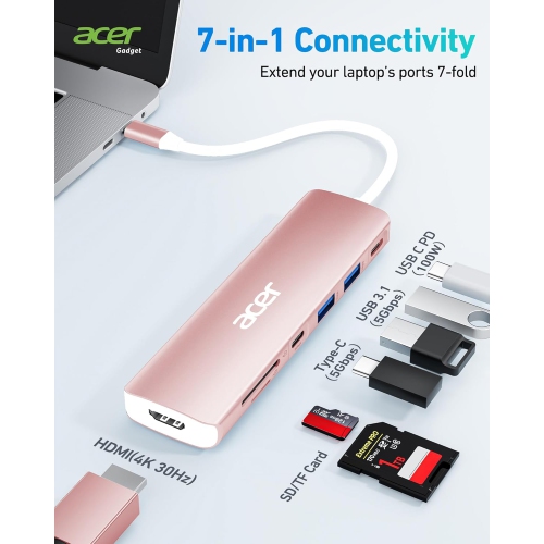 Acer 7-in-1 USB C Hub - 4K HDMI, 100W PD Charging, 5Gbps USB 3.0, SD TF Card Reader, Pink