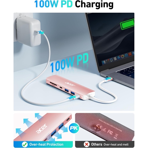 Acer 7-in-1 USB C Hub - 4K HDMI, 100W PD Charging, 5Gbps USB 3.0, SD TF Card Reader, Pink