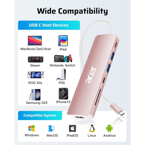 Acer 7-in-1 USB C Hub - 4K HDMI, 100W PD Charging, 5Gbps USB 3.0, SD TF Card Reader, Pink