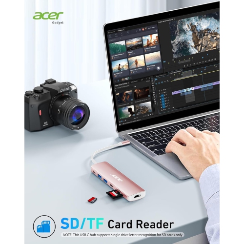 Acer 7-in-1 USB C Hub - 4K HDMI, 100W PD Charging, 5Gbps USB 3.0, SD TF Card Reader, Pink