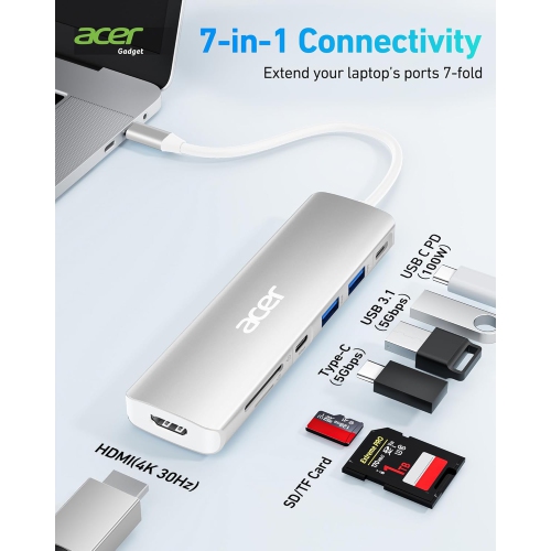 Concentrateur USB-C 7-en-1 d'Acer - adaptateur HDMI 4K, chargement rapide 100 W PD, ports USB 3,0 5 Gb/s, lecteur de cartes SD, type C pour