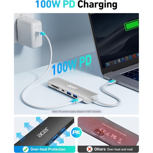 Concentrateur USB-C 7-en-1 d'Acer - adaptateur HDMI 4K, chargement rapide 100 W PD, ports USB 3,0 5 Gb/s, lecteur de cartes SD, type C pour
