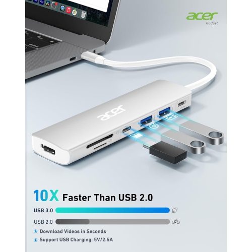Concentrateur USB-C 7-en-1 d'Acer - adaptateur HDMI 4K, chargement rapide 100 W PD, ports USB 3,0 5 Gb/s, lecteur de cartes SD, type C pour