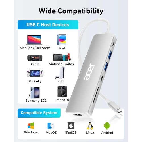 Concentrateur USB-C 7-en-1 d'Acer - adaptateur HDMI 4K, chargement rapide 100 W PD, ports USB 3,0 5 Gb/s, lecteur de cartes SD, type C pour