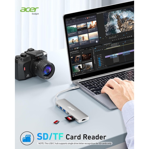 Concentrateur USB-C 7-en-1 d'Acer - adaptateur HDMI 4K, chargement rapide 100 W PD, ports USB 3,0 5 Gb/s, lecteur de cartes SD, type C pour