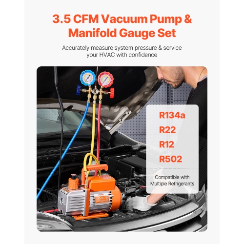 VEVOR 3.5 CFM AC Vacuum Pump and Gauge Set, Single Stage Rotary Vane HVAC Air Vacuum Pump, A/C Refrigerant Manifold Gauge Kit, with Hoses, for R134a,