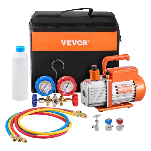 VEVOR 3.5 CFM AC Vacuum Pump and Gauge Set, Single Stage Rotary Vane HVAC Air Vacuum Pump, A/C Refrigerant Manifold Gauge Kit, with Hoses, for R134a,