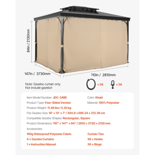 VEVOR 13' x 10' x 7' Gazebo Curtains Outdoor, Gazebos, 4-Panel Sidewall Gazebo Privacy Curtains with Zippers, Outdoor Curtain Replacement for Patio
