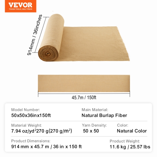 VEVOR 36” x 150 ft Burlap Fabric Roll, 50 x 50 High Density Wide Natural Burlap Fabric Rolls, Jute Fabric Burlap Tree Wrap Roll, for Decor, Crafts,