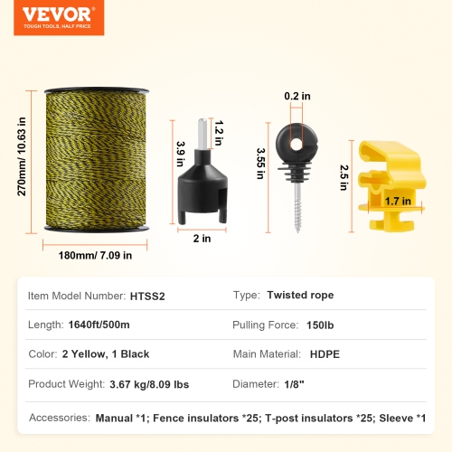 VEVOR 1640Ft Electric Fence Wire, 500M Portable Polywire, 1/8" Diameter 6 Stainless Steel Strands, Fencing Rope Line with 25 Fence Insulators and 25
