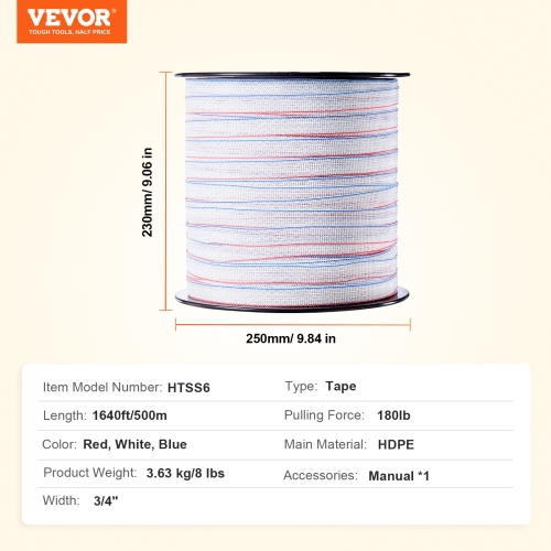 VEVOR 1640Ft Electric Fence Tape, 500M Polytape Fencing Hot Wire, 3/4" Width 6 Stainless Steel Strands for Reliable Conductivity, UV & Rust