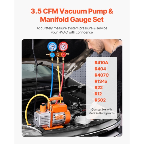 VEVOR 3.5 CFM AC Vacuum Pump and Gauge Set, Single Stage Rotary Vane HVAC Air Vacuum Pump,A/C Refrigerant Manifold Gauge,for R134a, R12, R22, R502a,