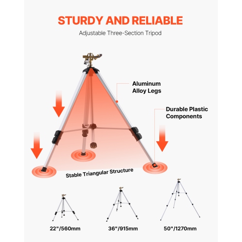 VEVOR 360 Degree Impact Sprinkler on Tripod Base, Heavy Duty Tripod Sprinklers with Brass Head & 3/4" Connector, Large Area Coverage Irrigation