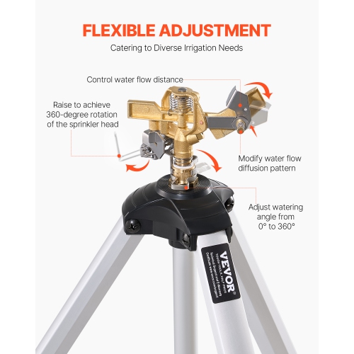 VEVOR 360 Degree Impact Sprinkler on Tripod Base, Heavy Duty Tripod Sprinklers with Brass Head & 3/4" Connector, Large Area Coverage Irrigation