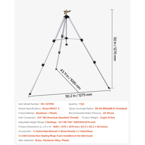 VEVOR 360 Degree Impact Sprinkler on Tripod Base, Heavy Duty Tripod Sprinklers with Brass Head & 3/4" Connector, Large Area Coverage Irrigation