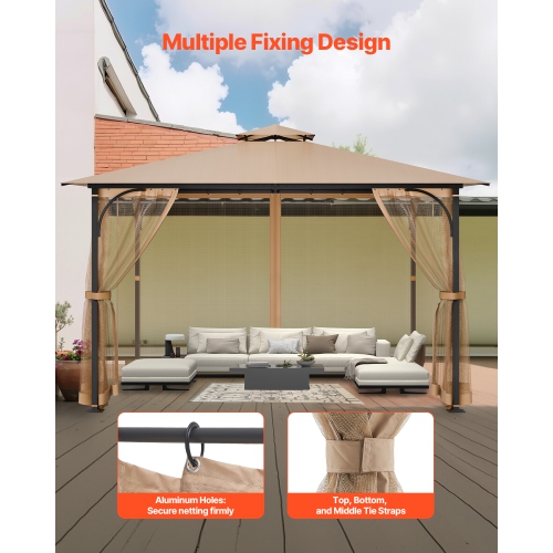VEVOR 10 x 12 x 7.3 FT Gazebo Netting Replacement, Outdoor Garden Gazebo Net, 4-Panel Sidewall Mesh Gazebo Curtain, Patio Midge Netting with Double