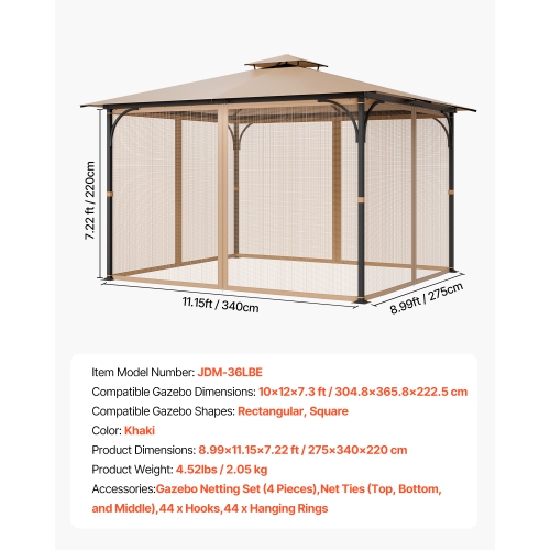 VEVOR 10 x 12 x 7.3 FT Gazebo Netting Replacement, Outdoor Garden Gazebo Net, 4-Panel Sidewall Mesh Gazebo Curtain, Patio Midge Netting with Double