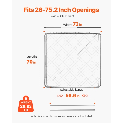 VEVOR 70 x 72 in Chain Link Fence Gate, Adjustable Chain Link Fence Panel, Fit 3 ft x 4 ft (H) Garden Fence Gate Opening, Rust-Resistant Galvanized