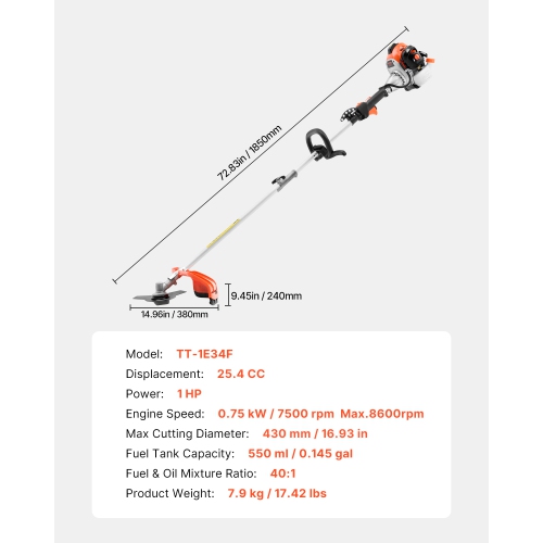 VEVOR 16.9" String Trimmer, 25.2CC 2-Stroke, Gas Powered Weed Wacker, Cordless Grass Trimmer, Multi-Functional Lawn Edger with Shoulder Strap & 3T