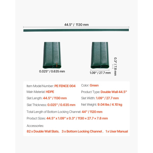 VEVOR 4' High Bottom Locking Privacy Slats, Double-Wall Vertical Bottom-Locking Slats for Chain-Link Fence, High-Density HDPE Chain Link Slats