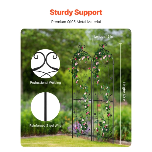 VEVOR 60 x 15 in Garden Trellis for Climbing Plants, 2 Packs Rustproof Metal Garden Flower Trellis, Outdoor Climbing Rose Trellis Cucumbers Support,