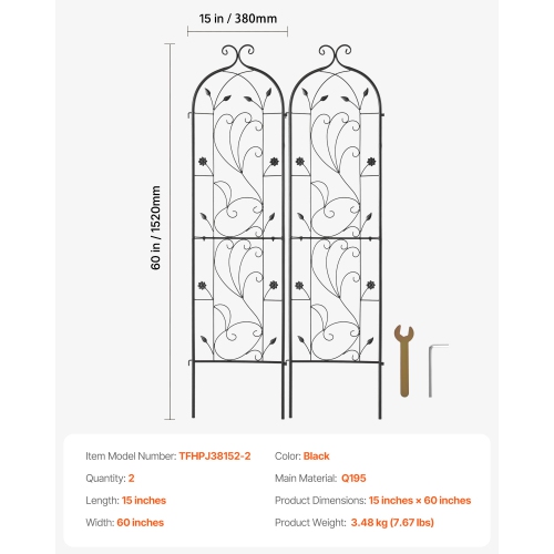 VEVOR 60 x 15 in Garden Trellis for Climbing Plants, 2 Packs Rustproof Metal Garden Flower Trellis, Outdoor Climbing Rose Trellis Cucumbers Support,