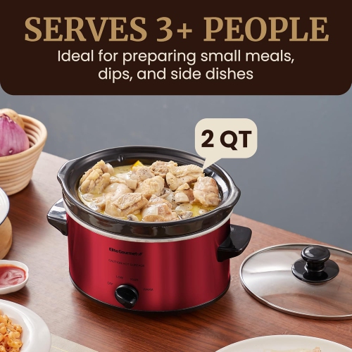 Elite Gourmet MST-275XR Electric Slow Cooker, AdjCatable Temp, Entrees, Sauces, Stews and Dips, Dishwasher-Safe Glass Lid & Ceraic Pot, 2Qt Capacity,