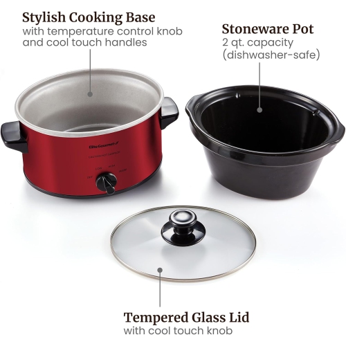 Elite Gourmet MST-275XR Electric Slow Cooker, AdjCatable Temp, Entrees, Sauces, Stews and Dips, Dishwasher-Safe Glass Lid & Ceraic Pot, 2Qt Capacity,